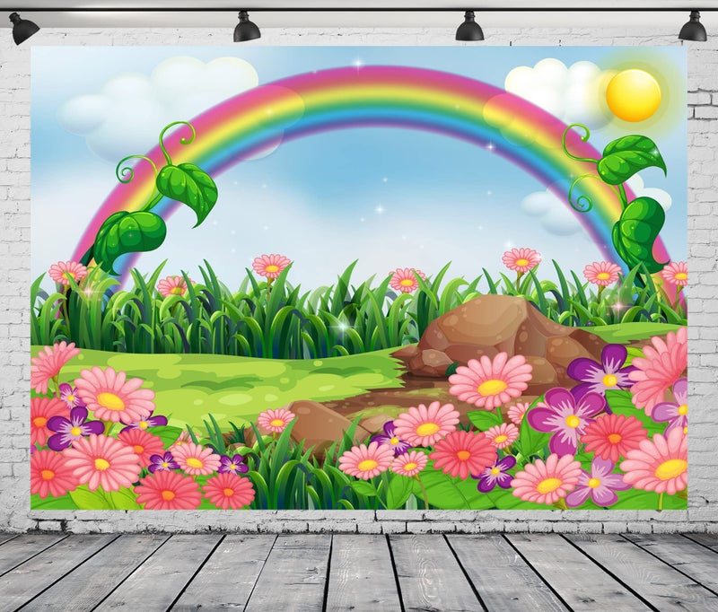 BELECO 7x5ft Fabric Rainbow and Sun Backdrop Enchanting Flowers Garden with Rainbow Cartoon Spring Photography Backdrop for Party Decoration Birthday Kids Boy Girl Baby Shower Photoshoot Photo Props - Image 2
